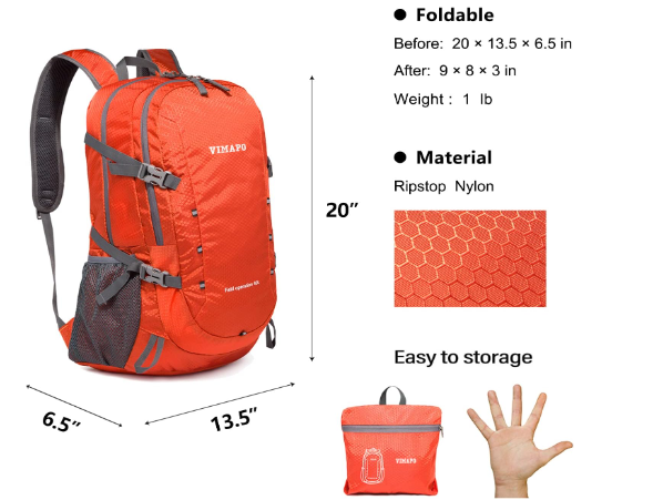 Lightweight Foldable Hiking Backpack 40L, Ripstop Nylon Packable Travel Daypack, Collapsible Backpack For Traveling Hiking Camping Touring(Orange) 